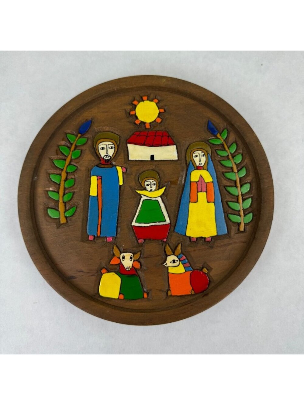 Wooden Nativity Plate 7" Folk Art Handcrafted Hand Painted Hanging Colorful